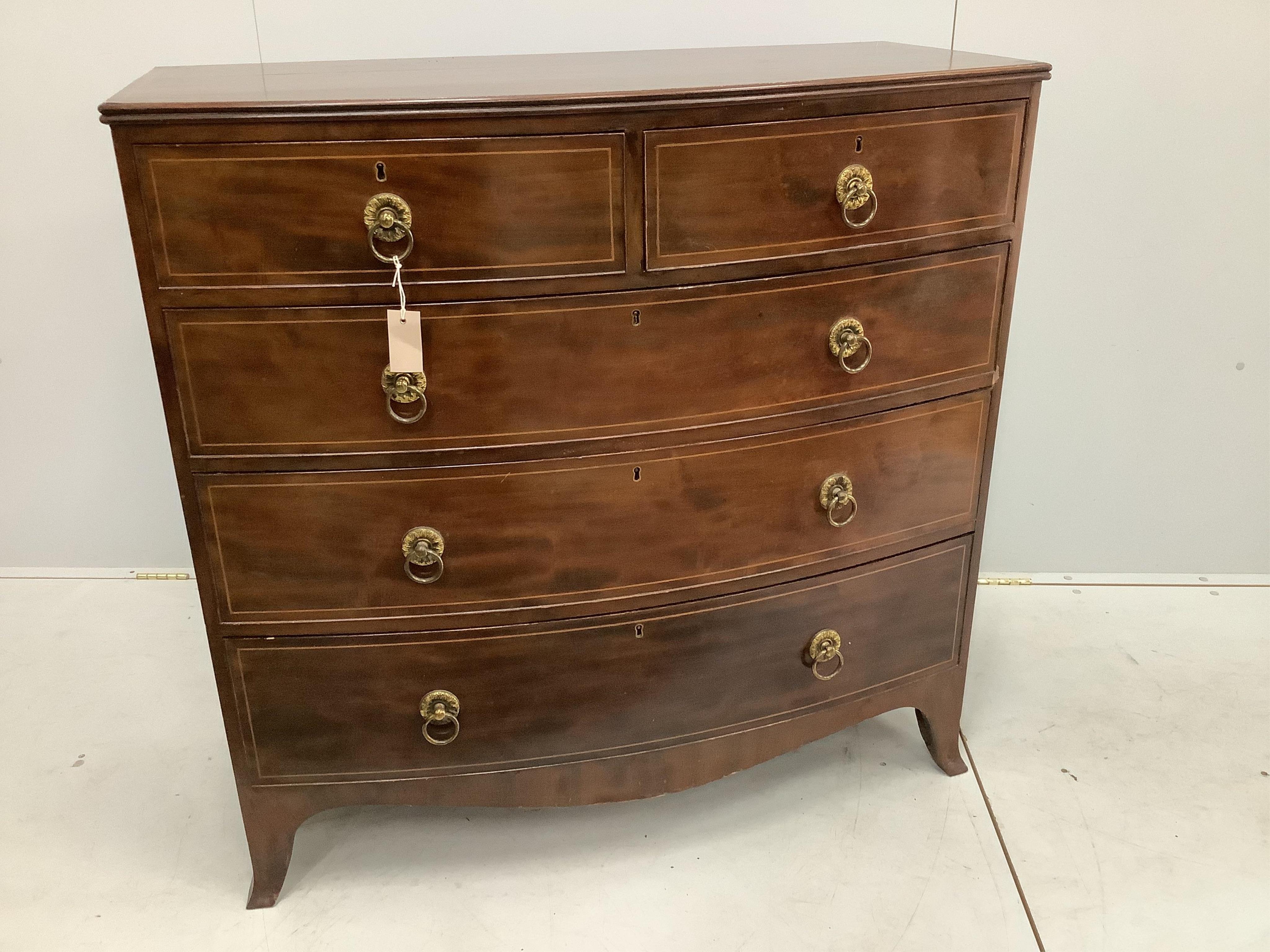 A Regency inlaid mahogany bowfront chest, width 108cm, depth 51cm, height 106cm